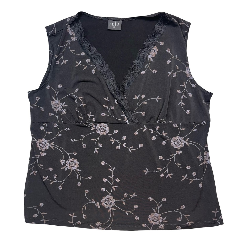 JKLA II Womens Tank Top Black Floral Faux Embroidery Lace V-Neck 2X